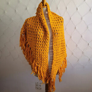 Vintage Triangle Shawl • Gold Knit •  Crocheted Wrap • One Size Fits Most